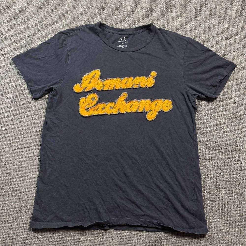 Armani Exchange Graphic T-Shirt Mens Medium Navy Blue Chenille Logo Applique - Picture 1 of 11